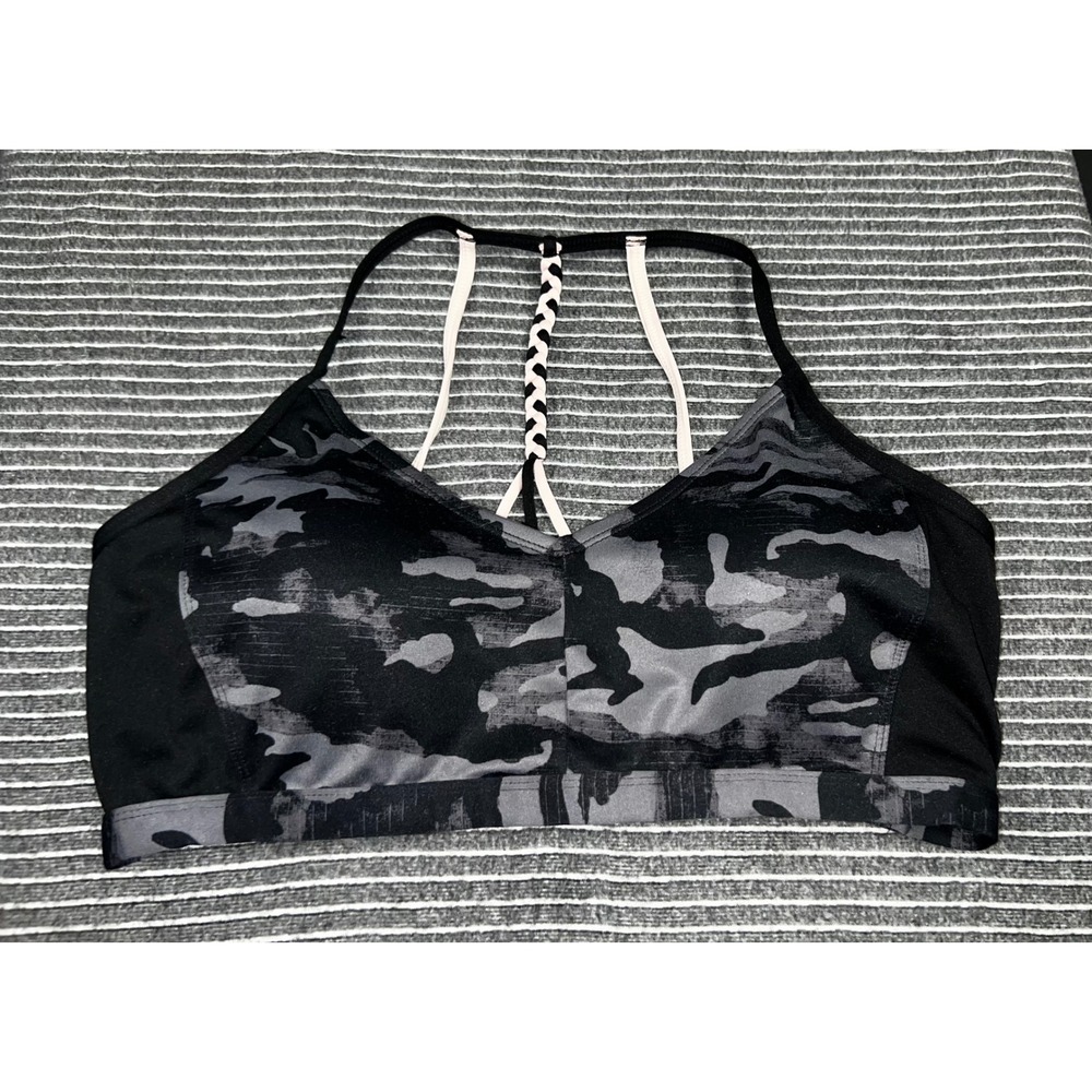 Maurices inMotion Womens XL Camo Braided Racerback Padded Sports Bra Black Grey
